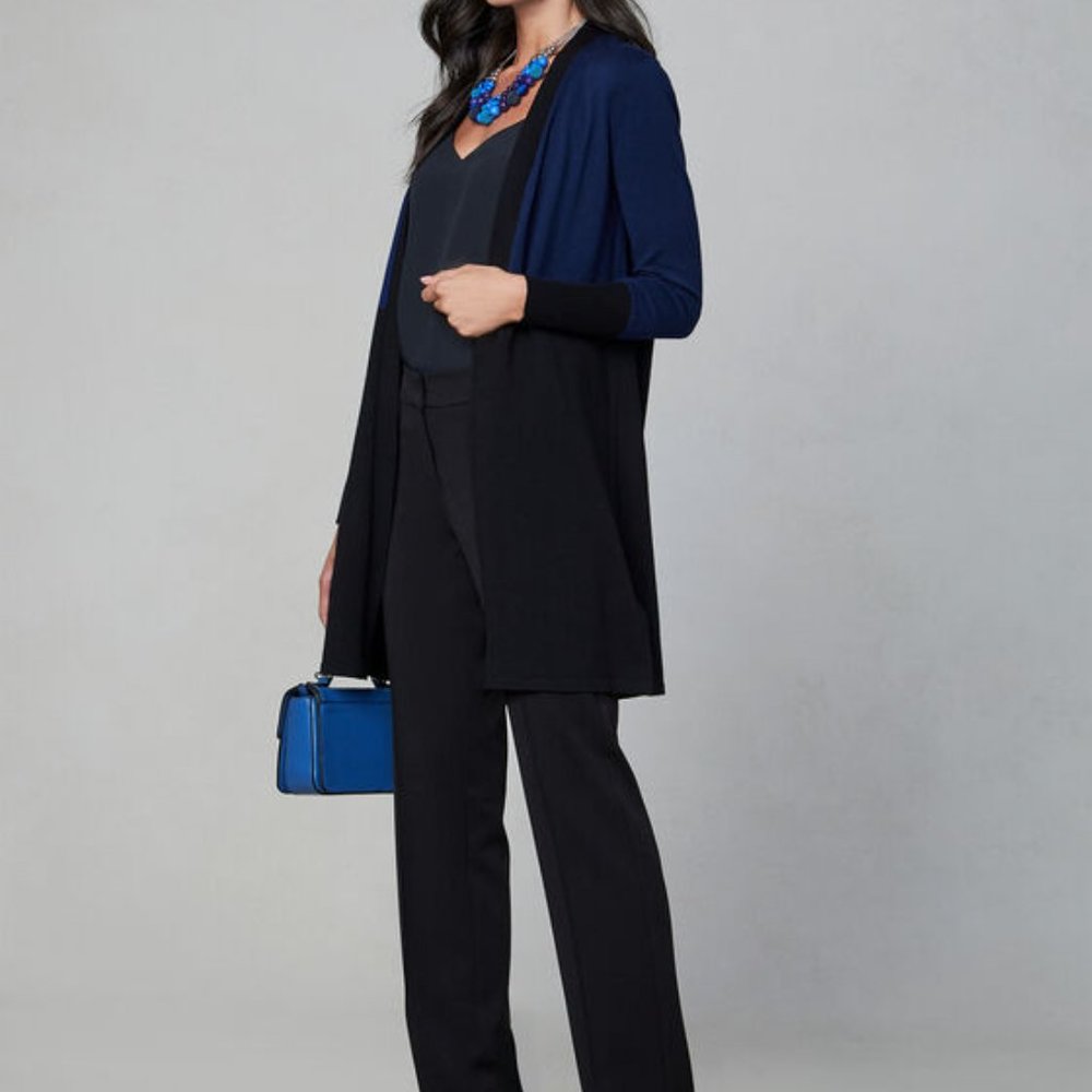 Melanie Lyne Open Front Knit Cardigan Blue Black Duster